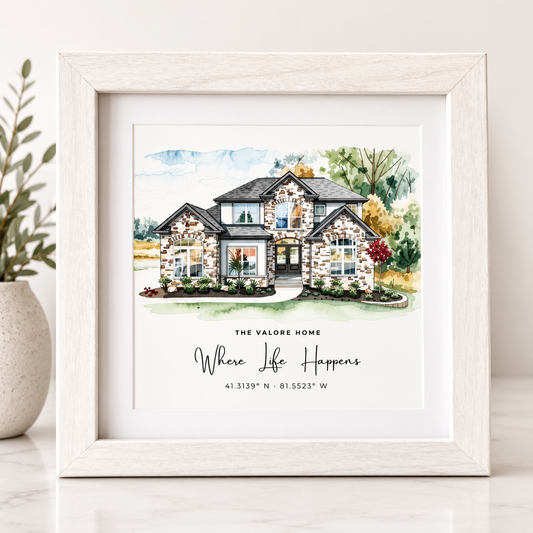 Custom Watercolor Home Portait Framed