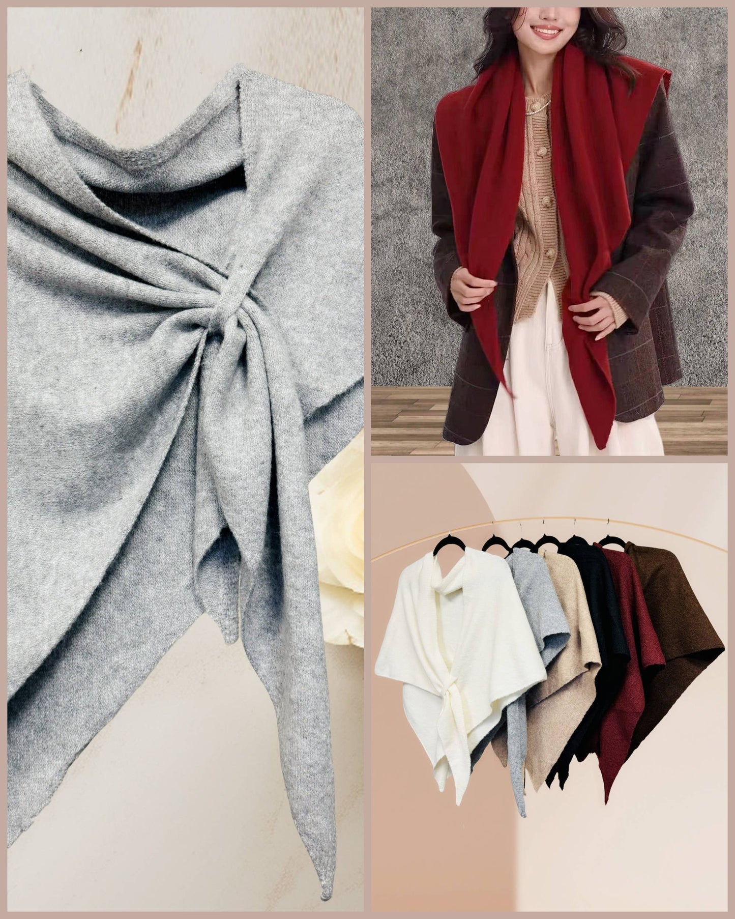 Cashmere-Blend Knit Triangle Shawl with Cross-Front Design